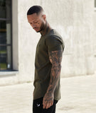 Distorted People - Intersect Patched Cutted Neck long t-shirt Olive